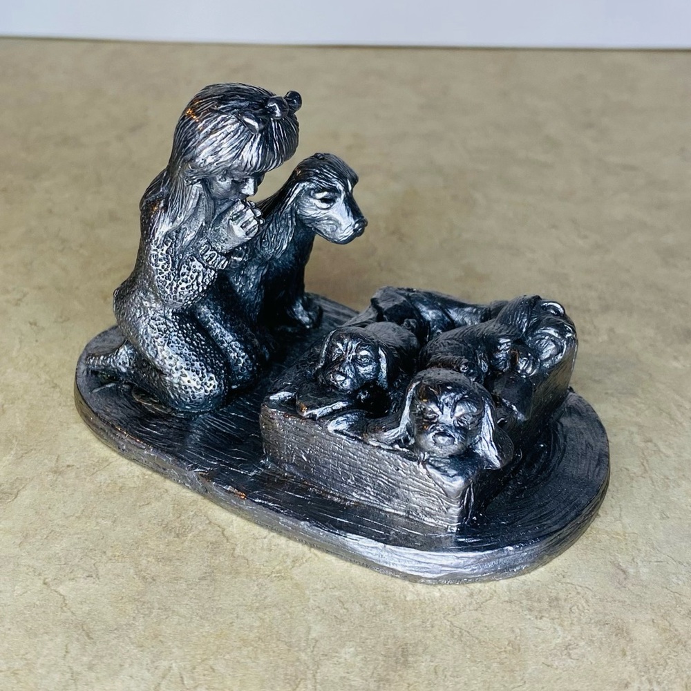 Vintage Silver Pewter Figurine girl with dog and puppies